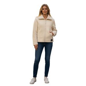 DKNY Active Cream Teddy Fleece Jacket Size L Cozy Zip-Up Comfort Layer